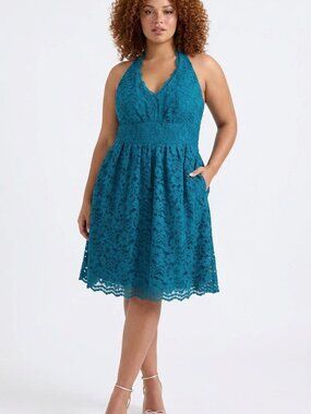David's Bridal Malibu Blue Lace Halter Short Dress Wedding Guest Size 18
